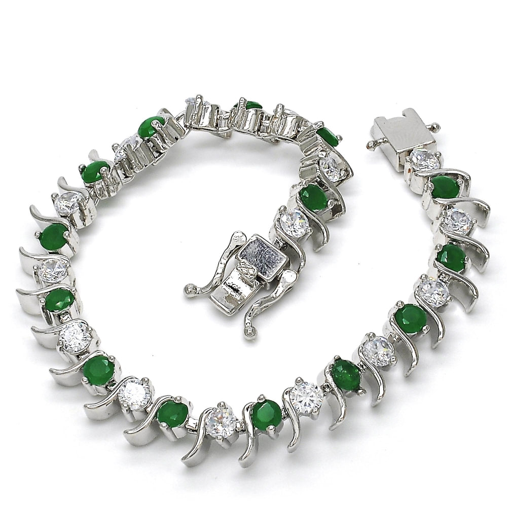 White Gold Filled Tennis Bracelet, Box Lock Design, with Green and White Cubic Zirconia, Polished, Rhodium Finish