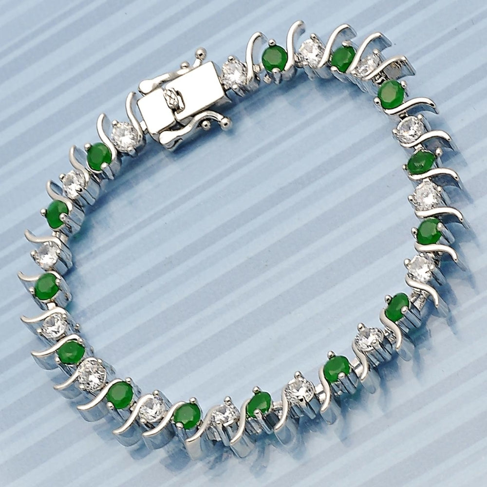 White Gold Filled Tennis Bracelet, Box Lock Design, with Green and White Cubic Zirconia, Polished, Rhodium Finish