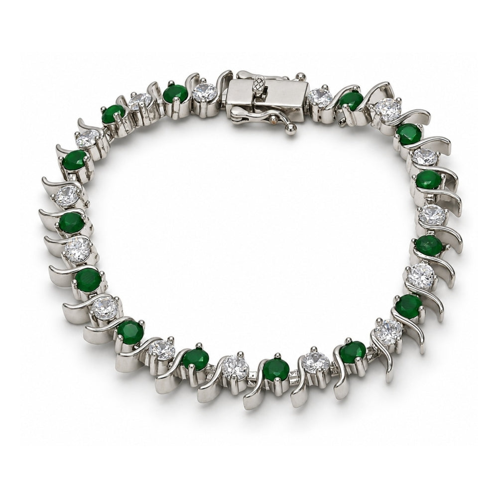 White Gold Filled Tennis Bracelet, Box Lock Design, with Green and White Cubic Zirconia, Polished, Rhodium Finish