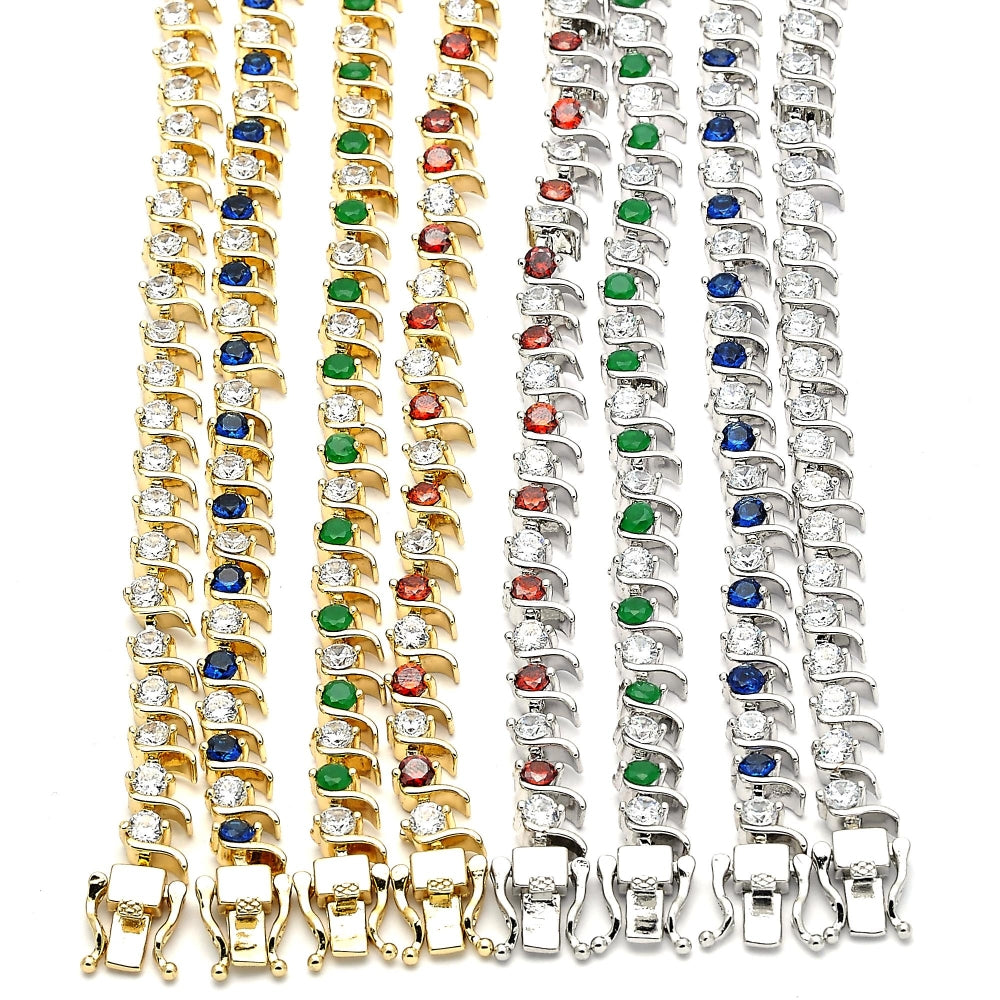 White Gold Filled Tennis Bracelet, Box Lock Design, with Green and White Cubic Zirconia, Polished, Rhodium Finish