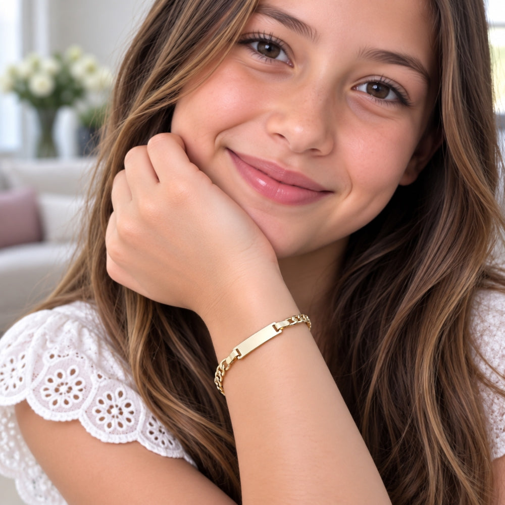 Oro Laminado ID Bracelet, Gold Filled Style Curb Design, Polished, Golden Finish