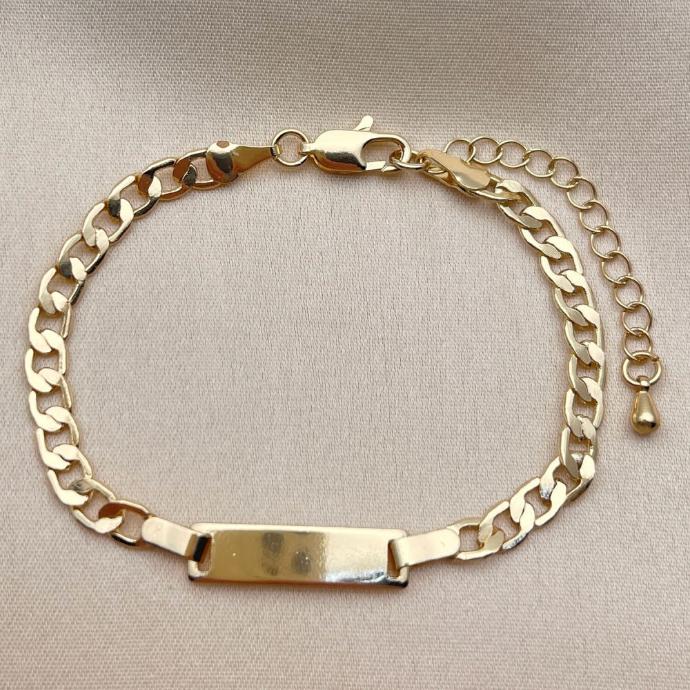 Oro Laminado ID Bracelet, Gold Filled Style Curb Design, Polished, Golden Finish