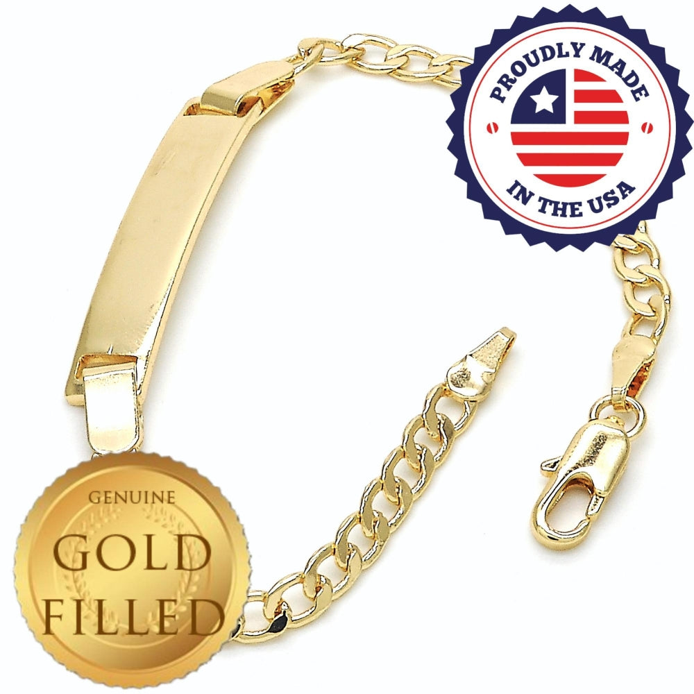 Oro Laminado ID Bracelet, Gold Filled Style Curb Design, Polished, Golden Finish