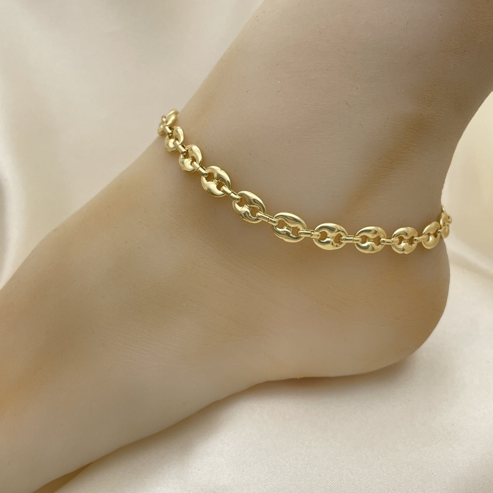Oro Laminado Fancy Anklet, Gold Filled Style Puff Mariner Design, Polished, Golden Finish