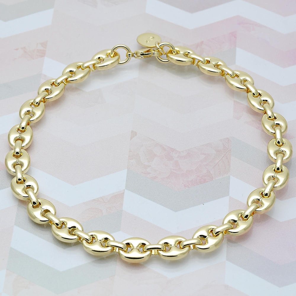 Oro Laminado Fancy Anklet, Gold Filled Style Puff Mariner Design, Polished, Golden Finish