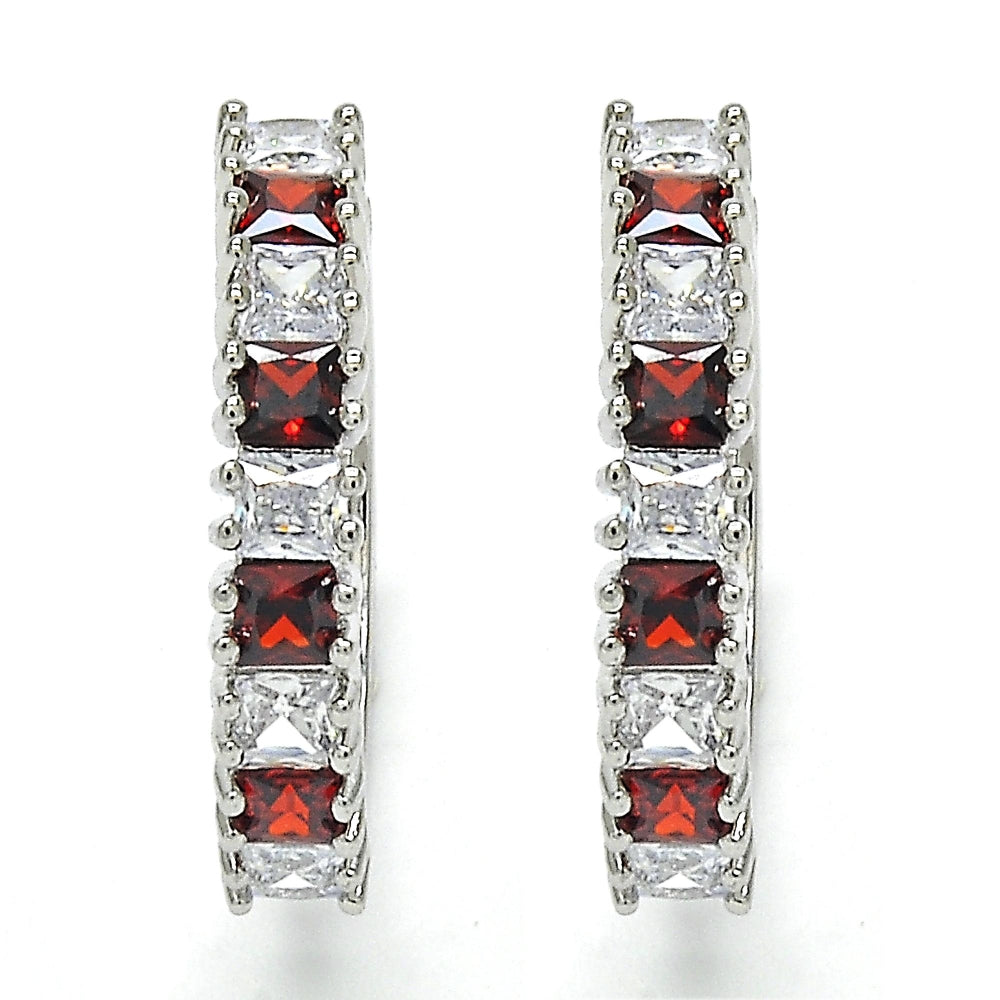 Rhodium Gold Filled Huggie Hoop, with Garnet and White Cubic Zirconia, Polished, Rhodium Finish