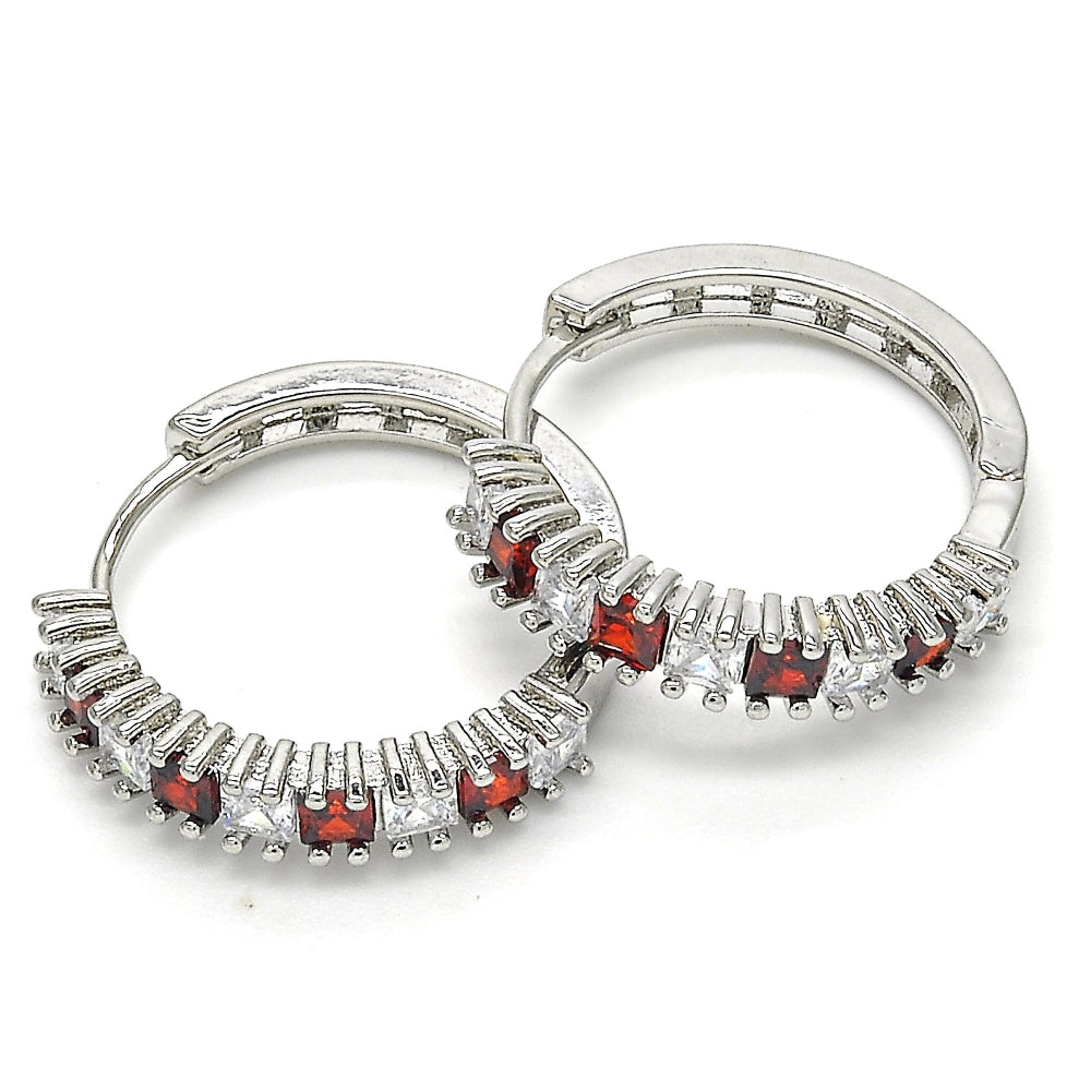Rhodium Gold Filled Huggie Hoop, with Garnet and White Cubic Zirconia, Polished, Rhodium Finish