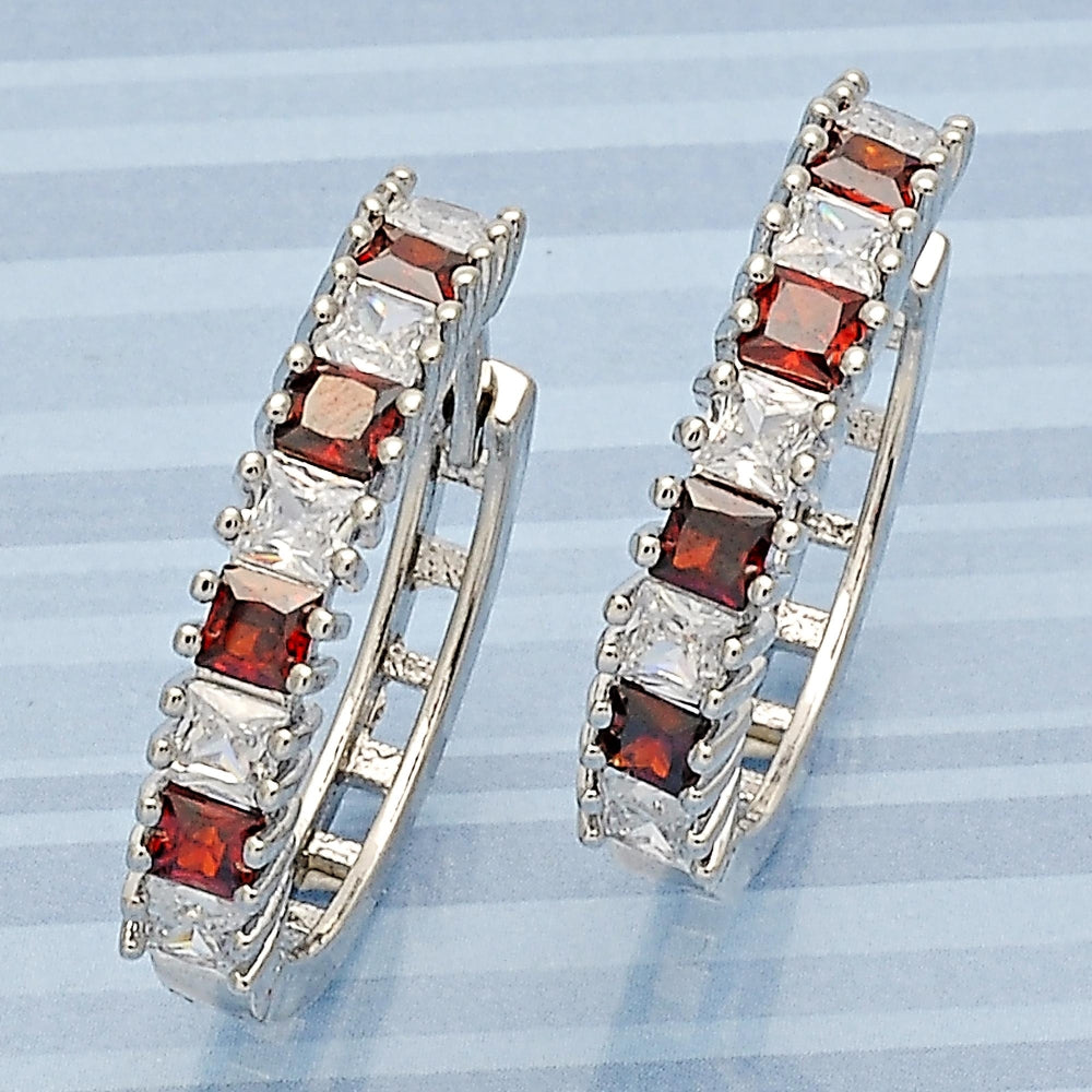 Rhodium Gold Filled Huggie Hoop, with Garnet and White Cubic Zirconia, Polished, Rhodium Finish