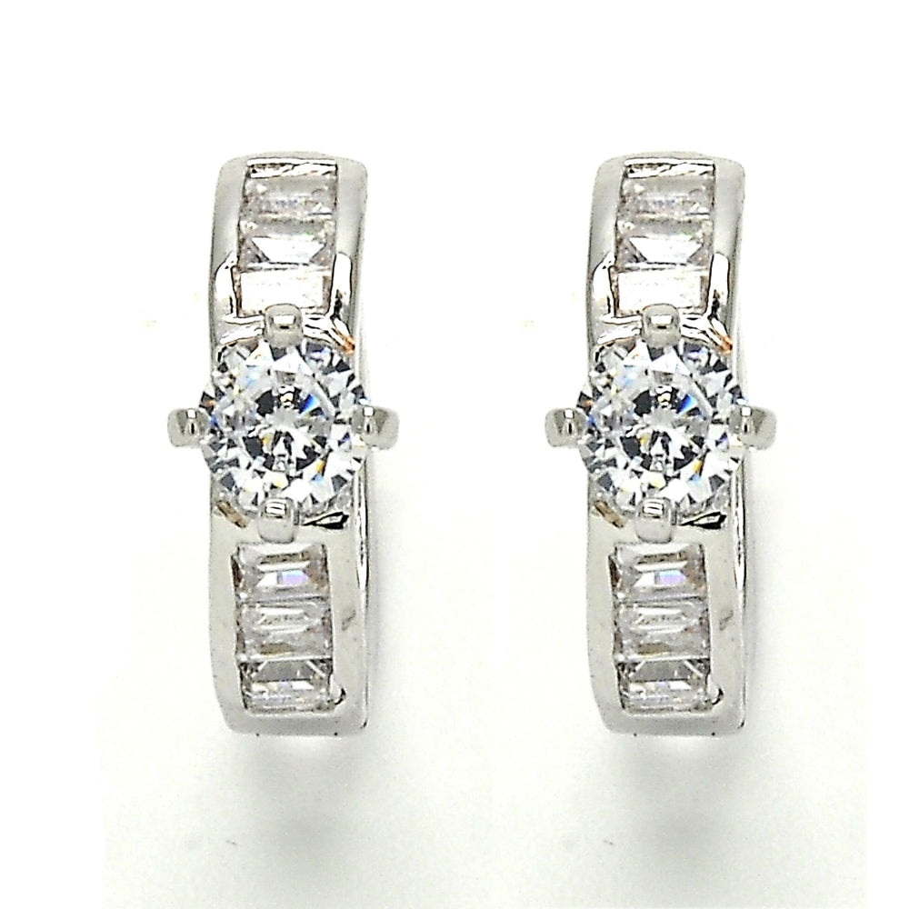 Rhodium Gold Filled Huggie Hoop, Baguette Design, with White Cubic Zirconia, Polished, Rhodium Finish