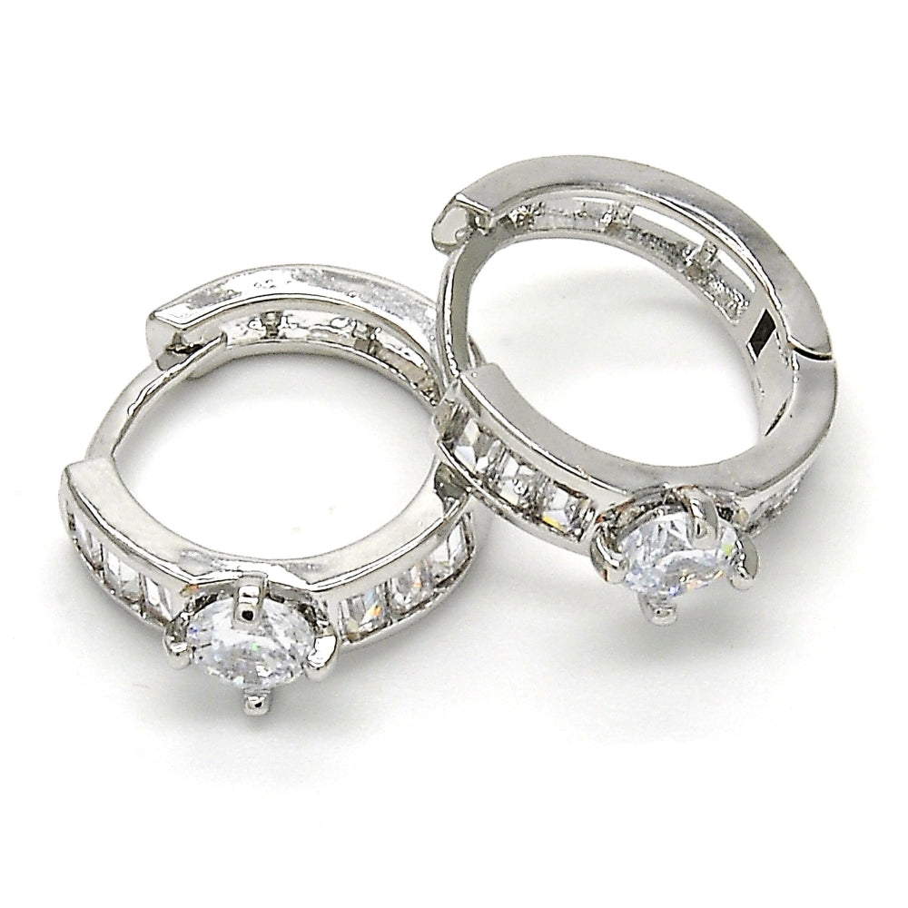 Rhodium Gold Filled Huggie Hoop, Baguette Design, with White Cubic Zirconia, Polished, Rhodium Finish