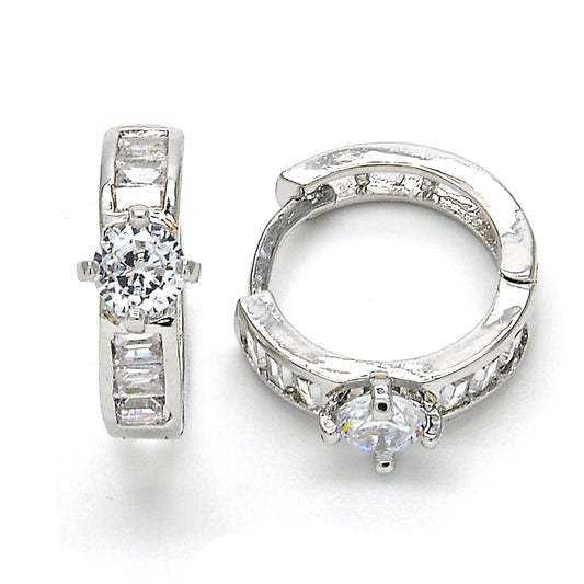 Rhodium Gold Filled Huggie Hoop, Baguette Design, with White Cubic Zirconia, Polished, Rhodium Finish