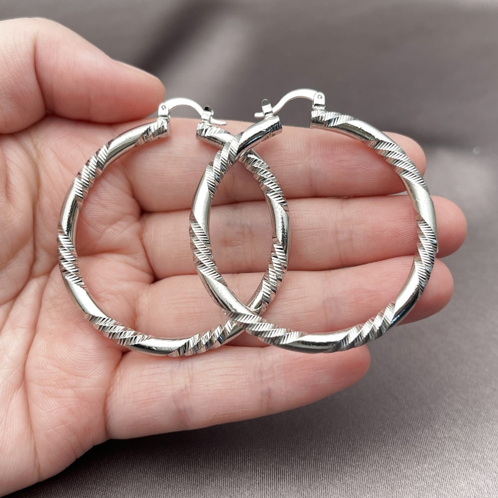 Rhodium Gold Filled Large Hoop, Diamond Cutting Finish, Rhodium Finish