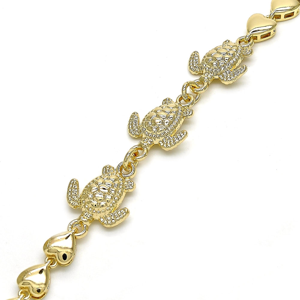 Oro Laminado Fancy Bracelet, Gold Filled Style Turtle and Heart Design, Polished, Golden Finish