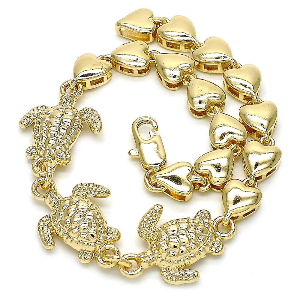Oro Laminado Fancy Bracelet, Gold Filled Style Turtle and Heart Design, Polished, Golden Finish