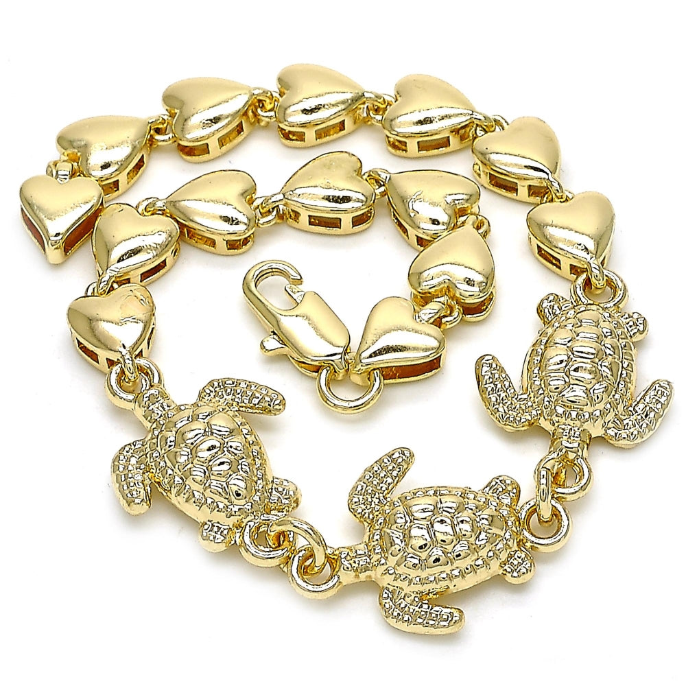Oro Laminado Fancy Bracelet, Gold Filled Style Turtle and Heart Design, Polished, Golden Finish