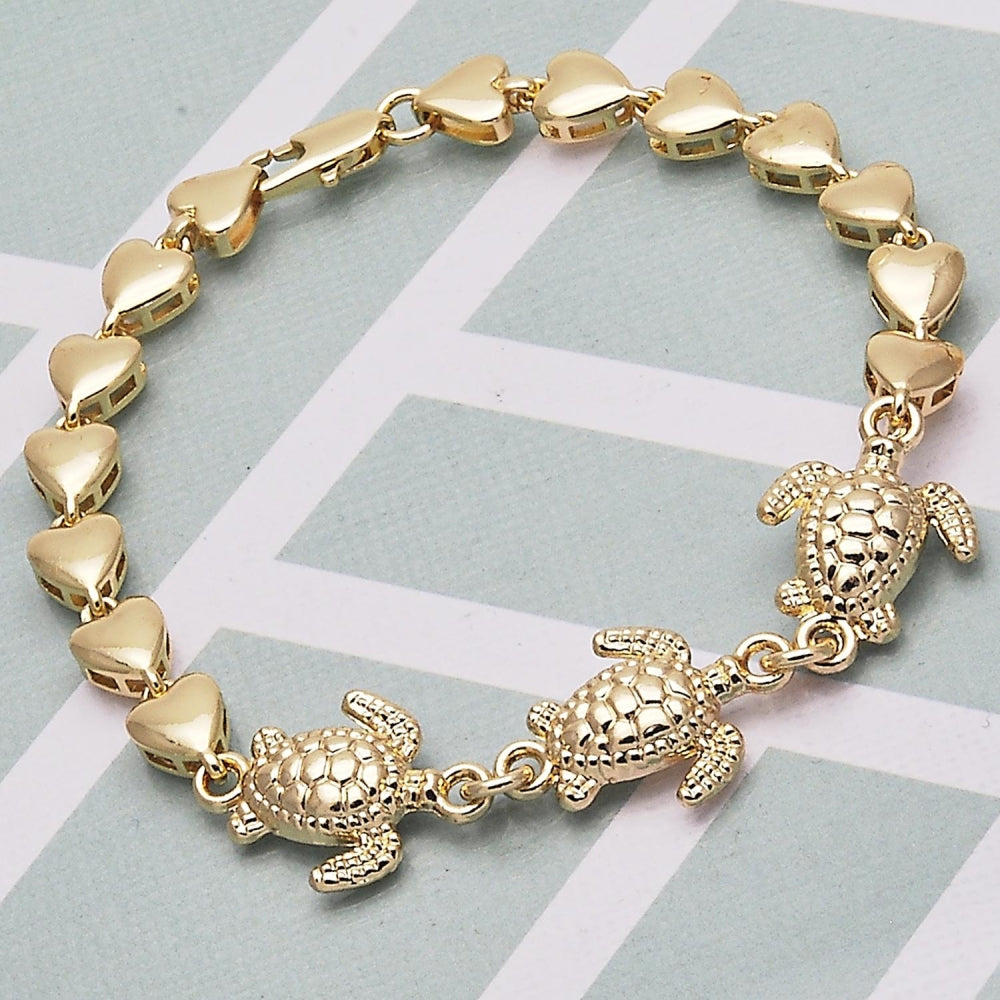 Oro Laminado Fancy Bracelet, Gold Filled Style Turtle and Heart Design, Polished, Golden Finish