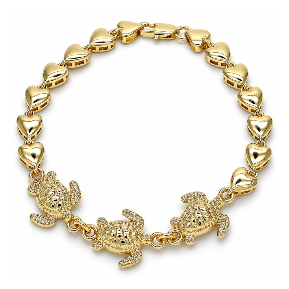 Oro Laminado Fancy Bracelet, Gold Filled Style Turtle and Heart Design, Polished, Golden Finish