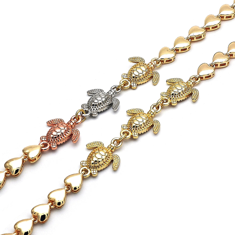 Oro Laminado Fancy Bracelet, Gold Filled Style Turtle and Heart Design, Polished, Golden Finish