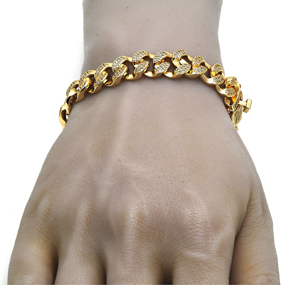 Oro Laminado Fancy Bracelet, Gold Filled Style with White Micro Pave, Polished, Golden Finish