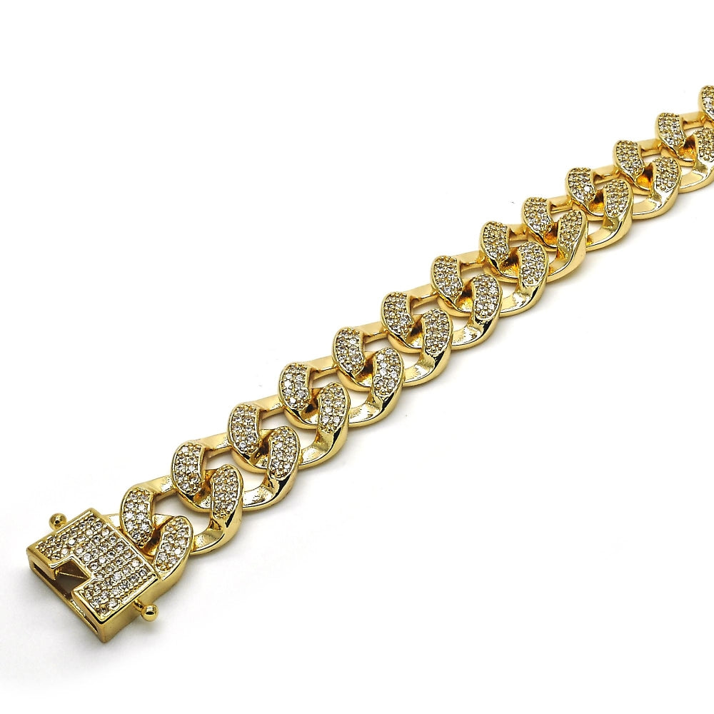 Oro Laminado Fancy Bracelet, Gold Filled Style with White Micro Pave, Polished, Golden Finish