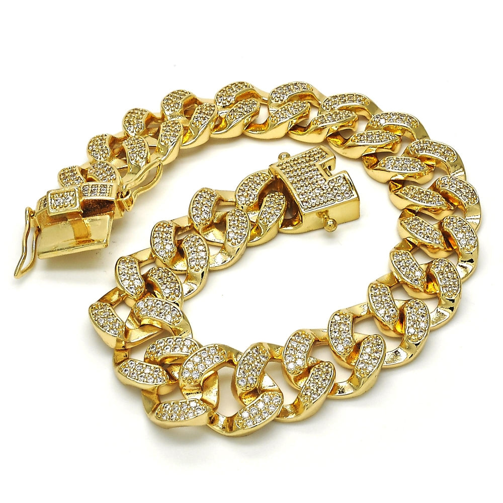 Oro Laminado Fancy Bracelet, Gold Filled Style with White Micro Pave, Polished, Golden Finish