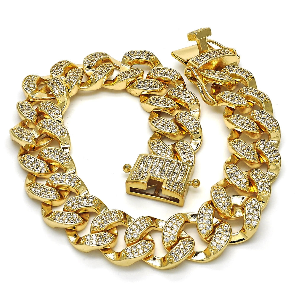 Oro Laminado Fancy Bracelet, Gold Filled Style with White Micro Pave, Polished, Golden Finish