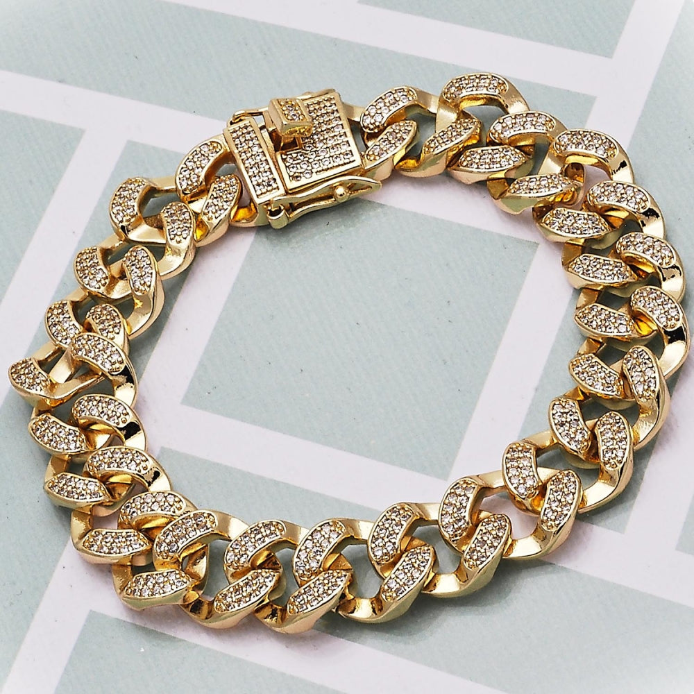 Oro Laminado Fancy Bracelet, Gold Filled Style with White Micro Pave, Polished, Golden Finish