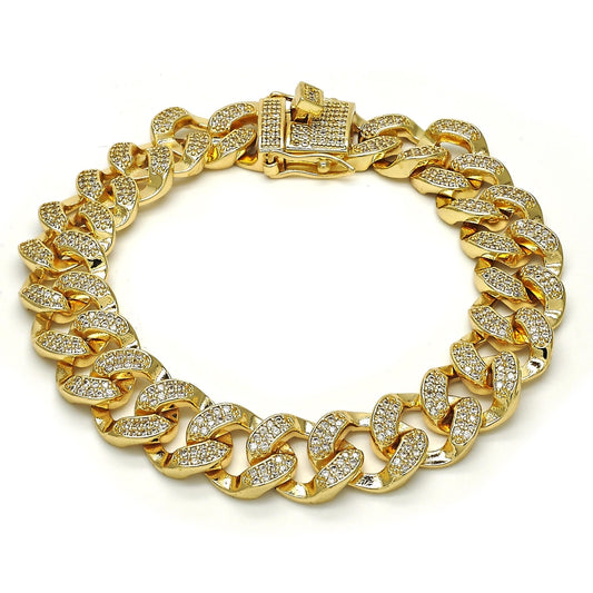Oro Laminado Fancy Bracelet, Gold Filled Style with White Micro Pave, Polished, Golden Finish