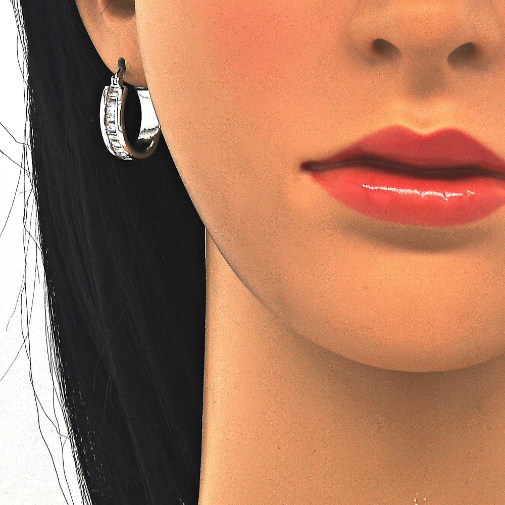 Rhodium Gold Filled Small Hoop, Baguette Design, with White Cubic Zirconia, Polished, Rhodium Finish