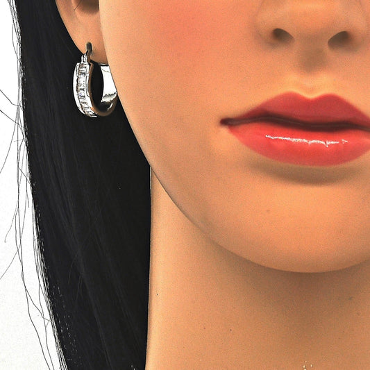 Rhodium Gold Filled Small Hoop, Baguette Design, with White Cubic Zirconia, Polished, Rhodium Finish