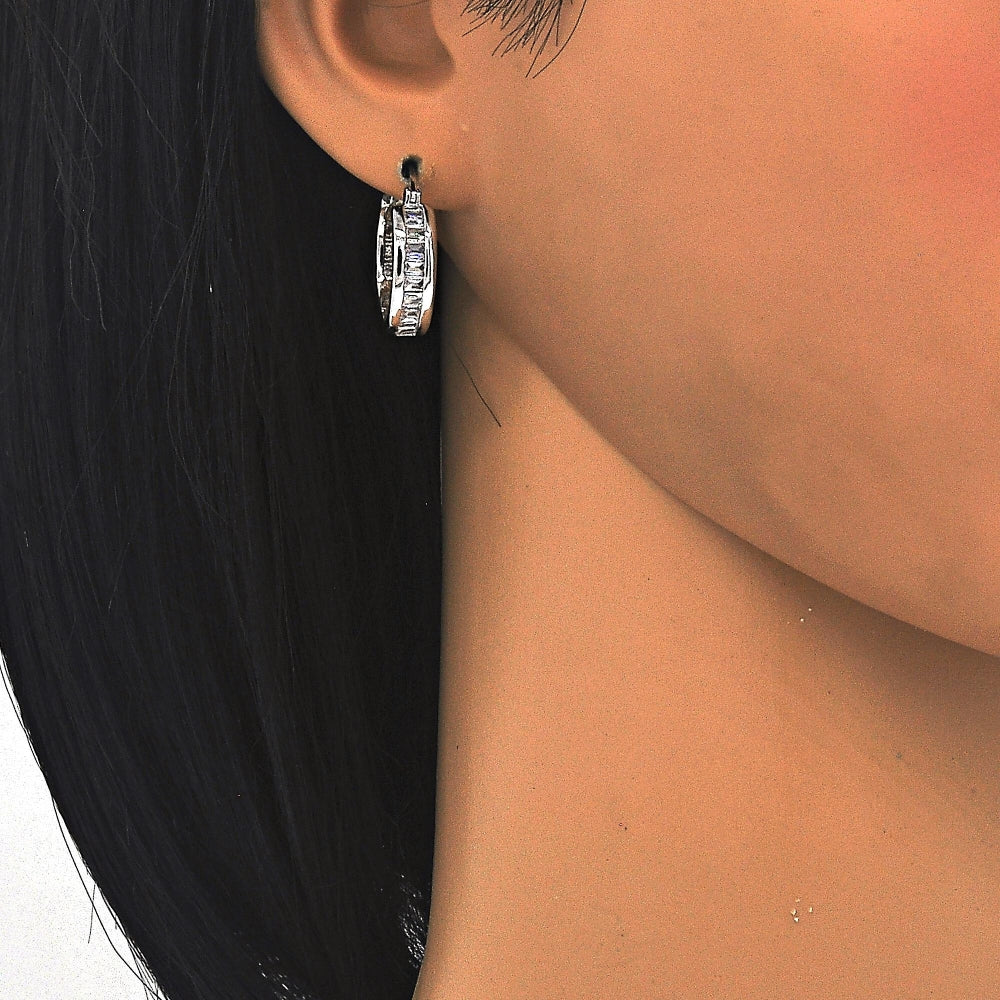 Rhodium Gold Filled Small Hoop, Baguette Design, with White Cubic Zirconia, Polished, Rhodium Finish