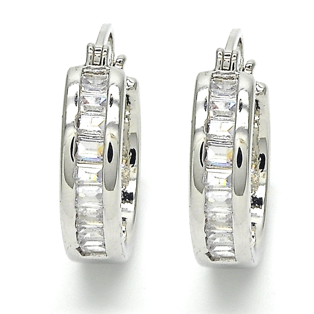 Rhodium Gold Filled Small Hoop, Baguette Design, with White Cubic Zirconia, Polished, Rhodium Finish