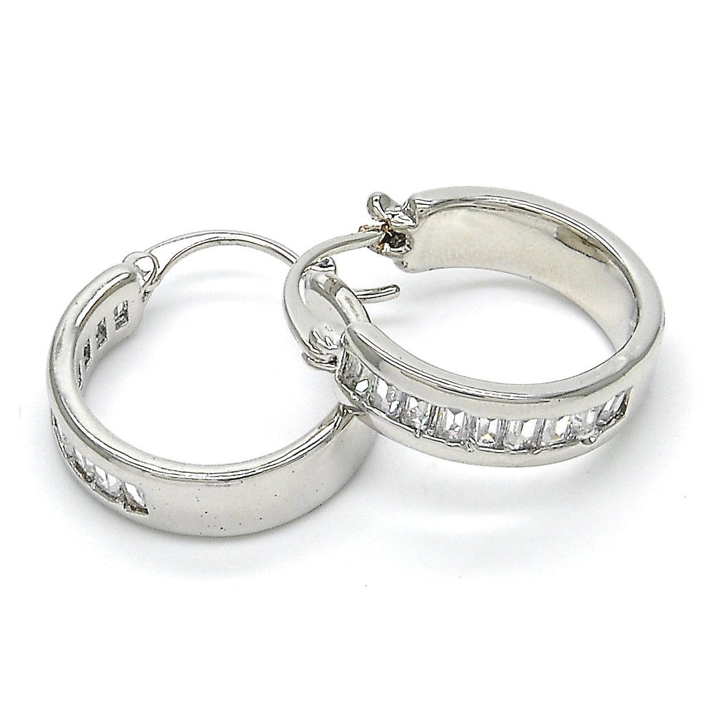 Rhodium Gold Filled Small Hoop, Baguette Design, with White Cubic Zirconia, Polished, Rhodium Finish