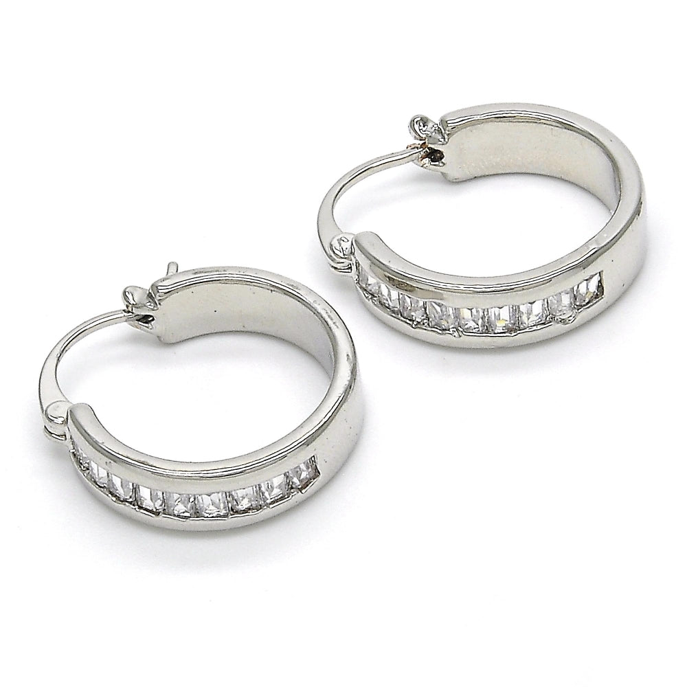 Rhodium Gold Filled Small Hoop, Baguette Design, with White Cubic Zirconia, Polished, Rhodium Finish