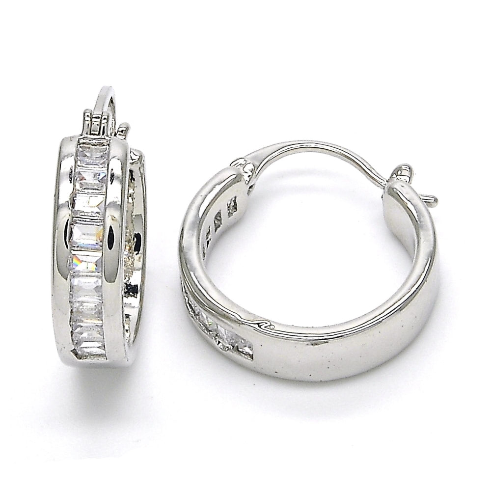Rhodium Gold Filled Small Hoop, Baguette Design, with White Cubic Zirconia, Polished, Rhodium Finish