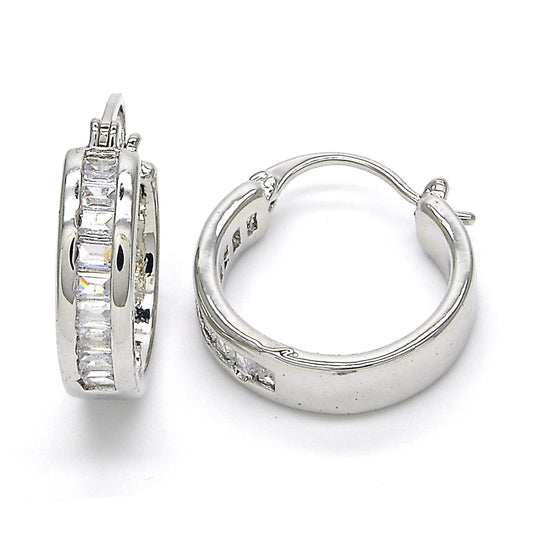 Rhodium Gold Filled Small Hoop, Baguette Design, with White Cubic Zirconia, Polished, Rhodium Finish