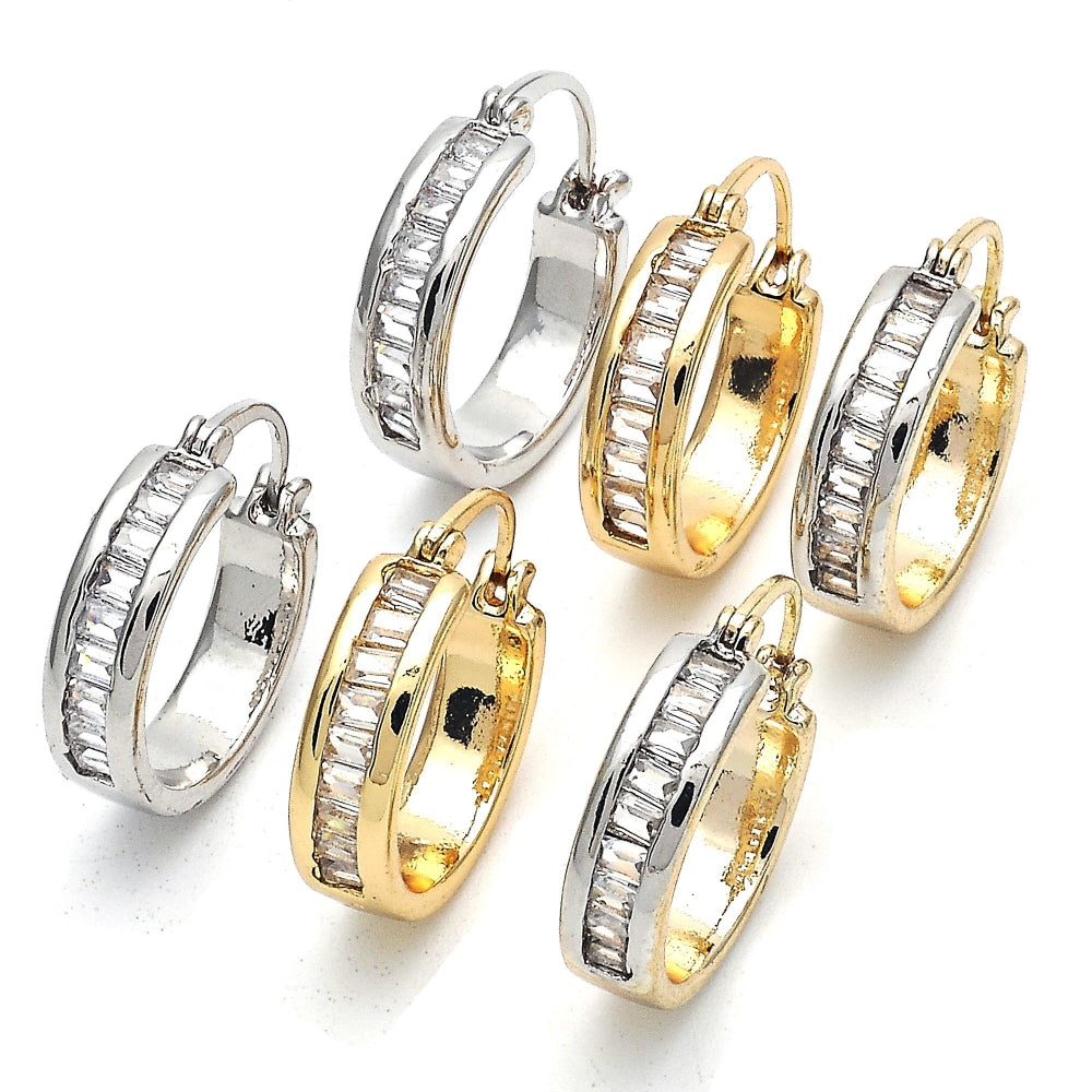 Rhodium Gold Filled Small Hoop, Baguette Design, with White Cubic Zirconia, Polished, Rhodium Finish