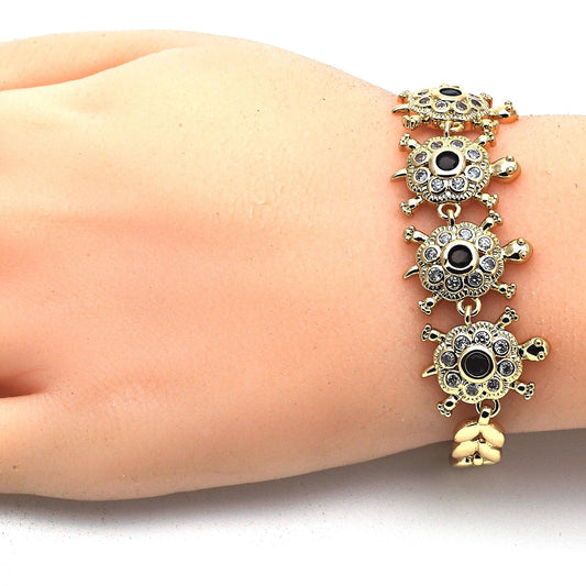 Oro Laminado Fancy Bracelet, Gold Filled Style Turtle and Leaf Design, with Black and White Cubic Zirconia, Polished, Golden Finish