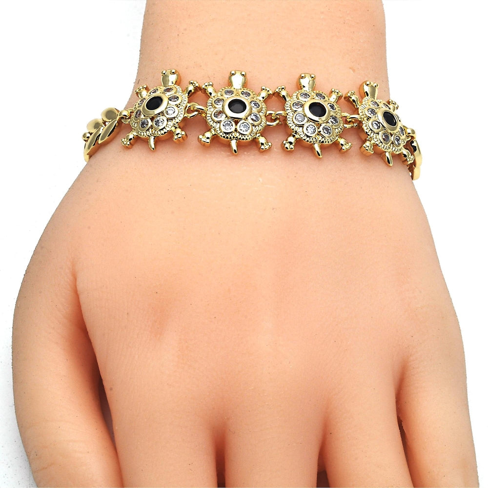 Oro Laminado Fancy Bracelet, Gold Filled Style Turtle and Leaf Design, with Black and White Cubic Zirconia, Polished, Golden Finish