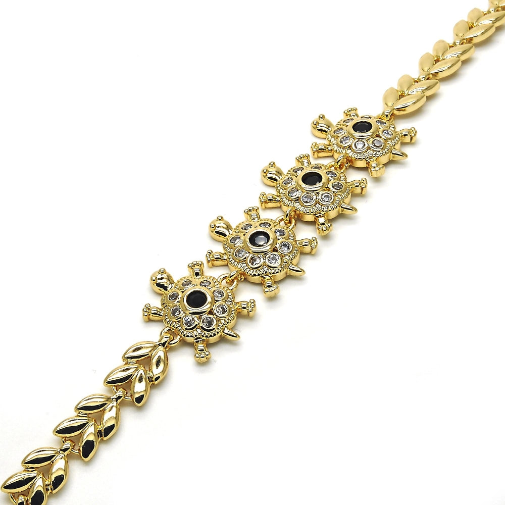Oro Laminado Fancy Bracelet, Gold Filled Style Turtle and Leaf Design, with Black and White Cubic Zirconia, Polished, Golden Finish