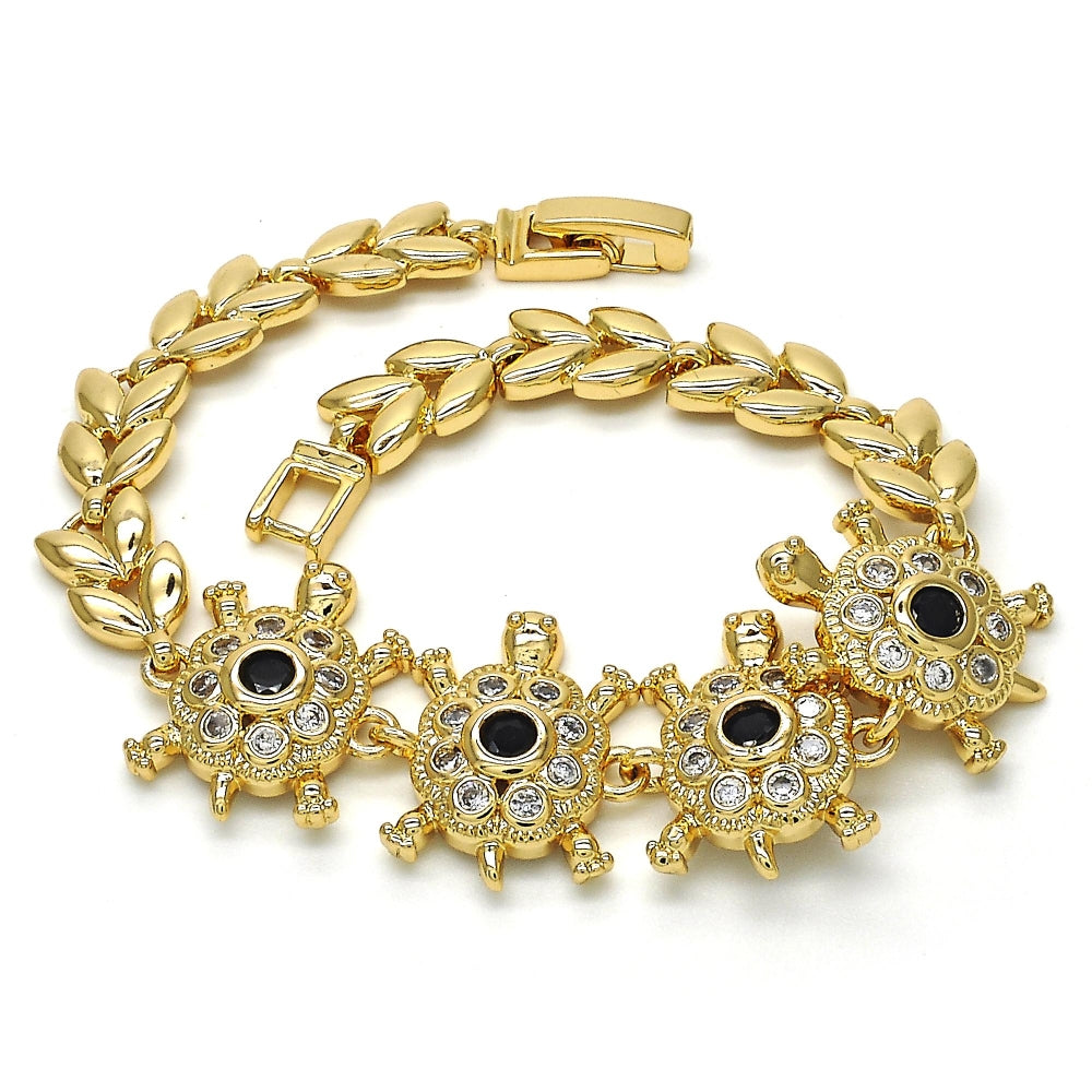 Oro Laminado Fancy Bracelet, Gold Filled Style Turtle and Leaf Design, with Black and White Cubic Zirconia, Polished, Golden Finish