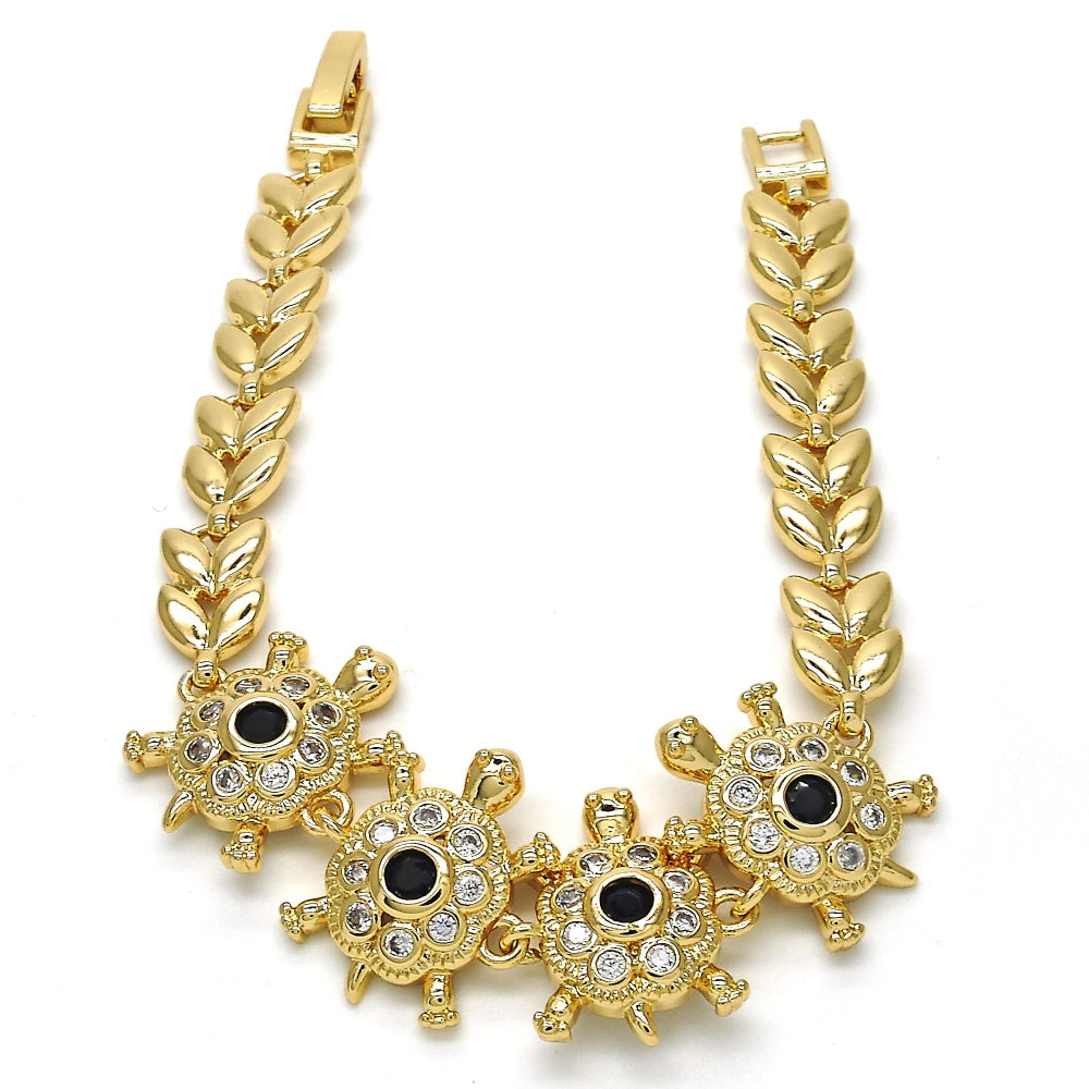 Oro Laminado Fancy Bracelet, Gold Filled Style Turtle and Leaf Design, with Black and White Cubic Zirconia, Polished, Golden Finish