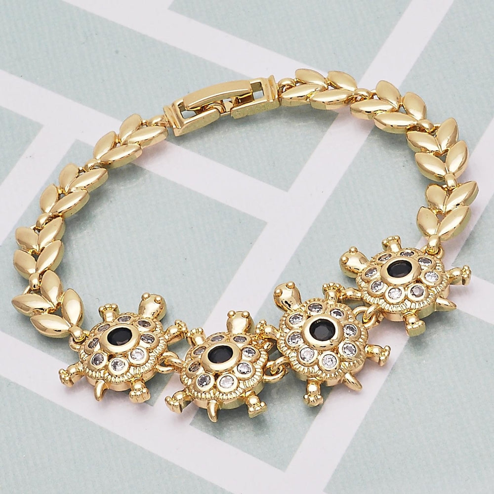 Oro Laminado Fancy Bracelet, Gold Filled Style Turtle and Leaf Design, with Black and White Cubic Zirconia, Polished, Golden Finish