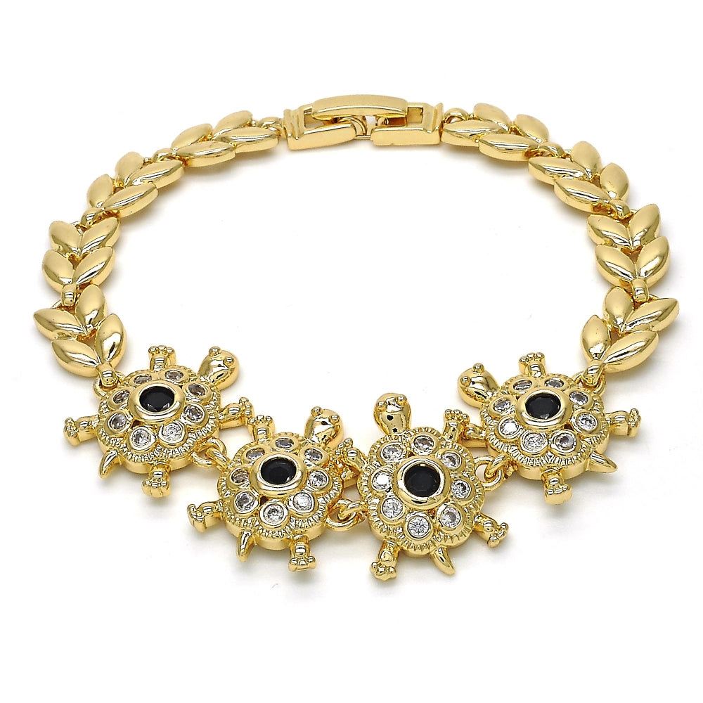 Oro Laminado Fancy Bracelet, Gold Filled Style Turtle and Leaf Design, with Black and White Cubic Zirconia, Polished, Golden Finish
