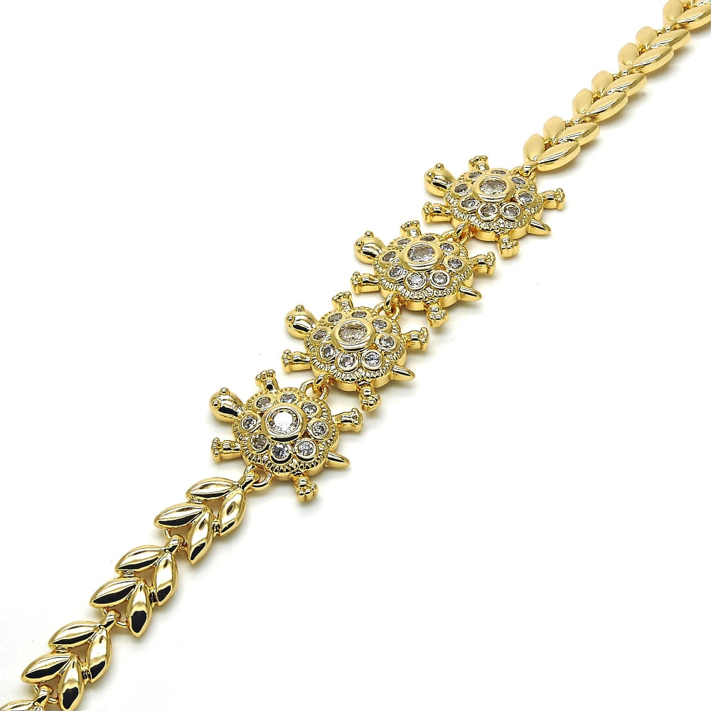 Oro Laminado Fancy Bracelet, Gold Filled Style Turtle and Leaf Design, with White Cubic Zirconia, Polished, Golden Finish