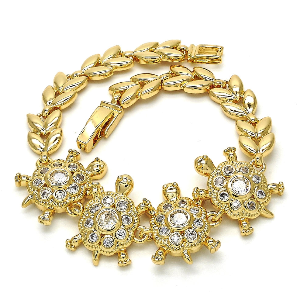 Oro Laminado Fancy Bracelet, Gold Filled Style Turtle and Leaf Design, with White Cubic Zirconia, Polished, Golden Finish