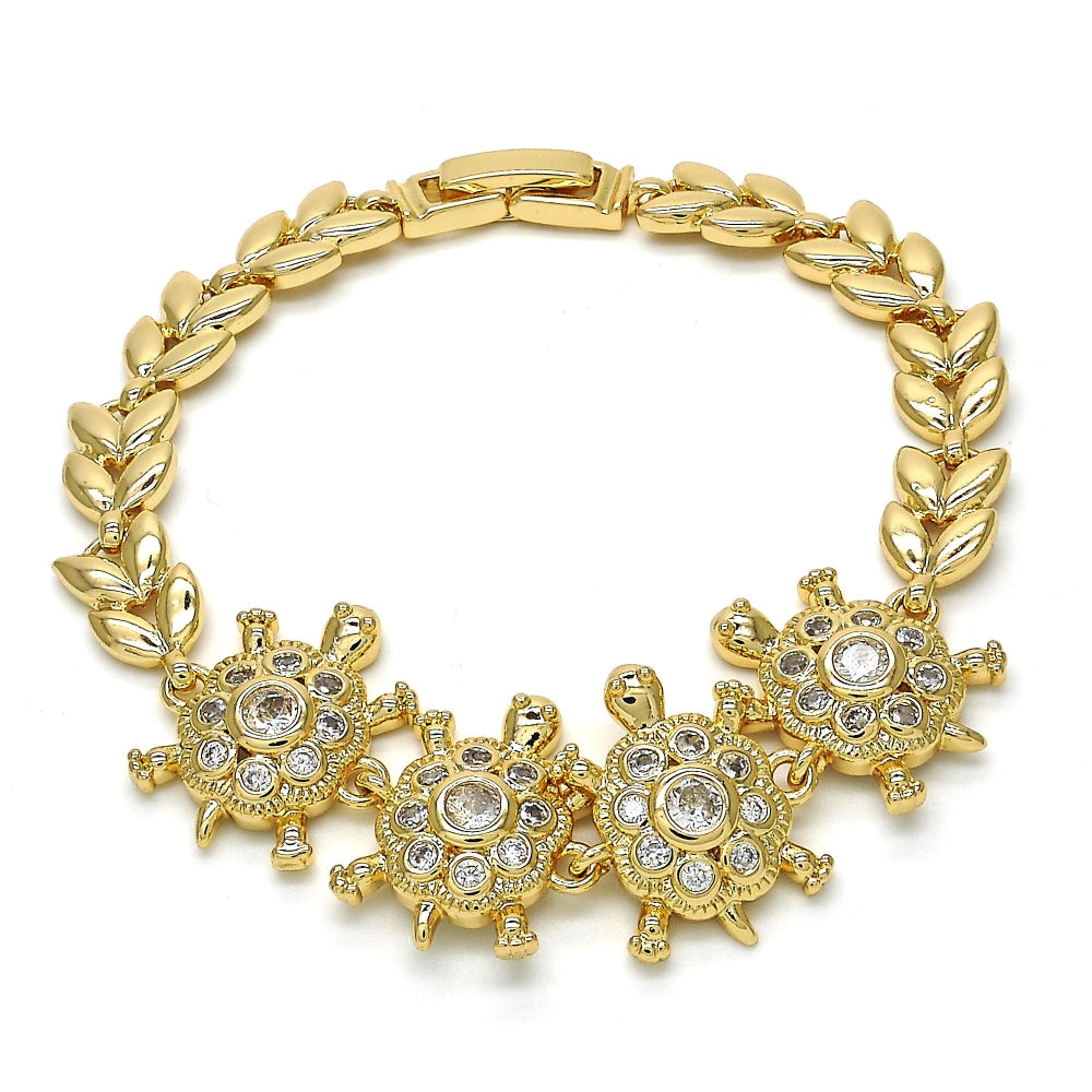 Oro Laminado Fancy Bracelet, Gold Filled Style Turtle and Leaf Design, with White Cubic Zirconia, Polished, Golden Finish
