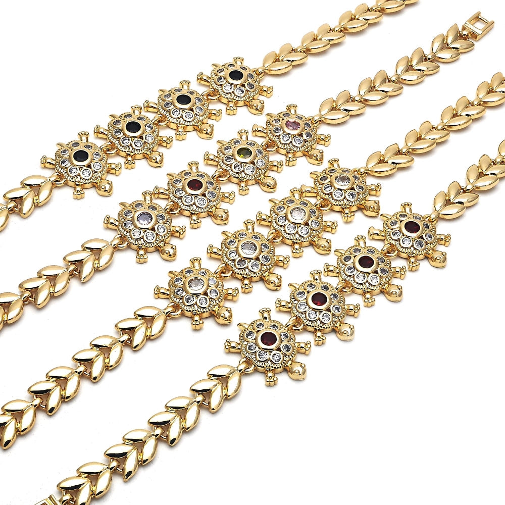 Oro Laminado Fancy Bracelet, Gold Filled Style Turtle and Leaf Design, with White Cubic Zirconia, Polished, Golden Finish