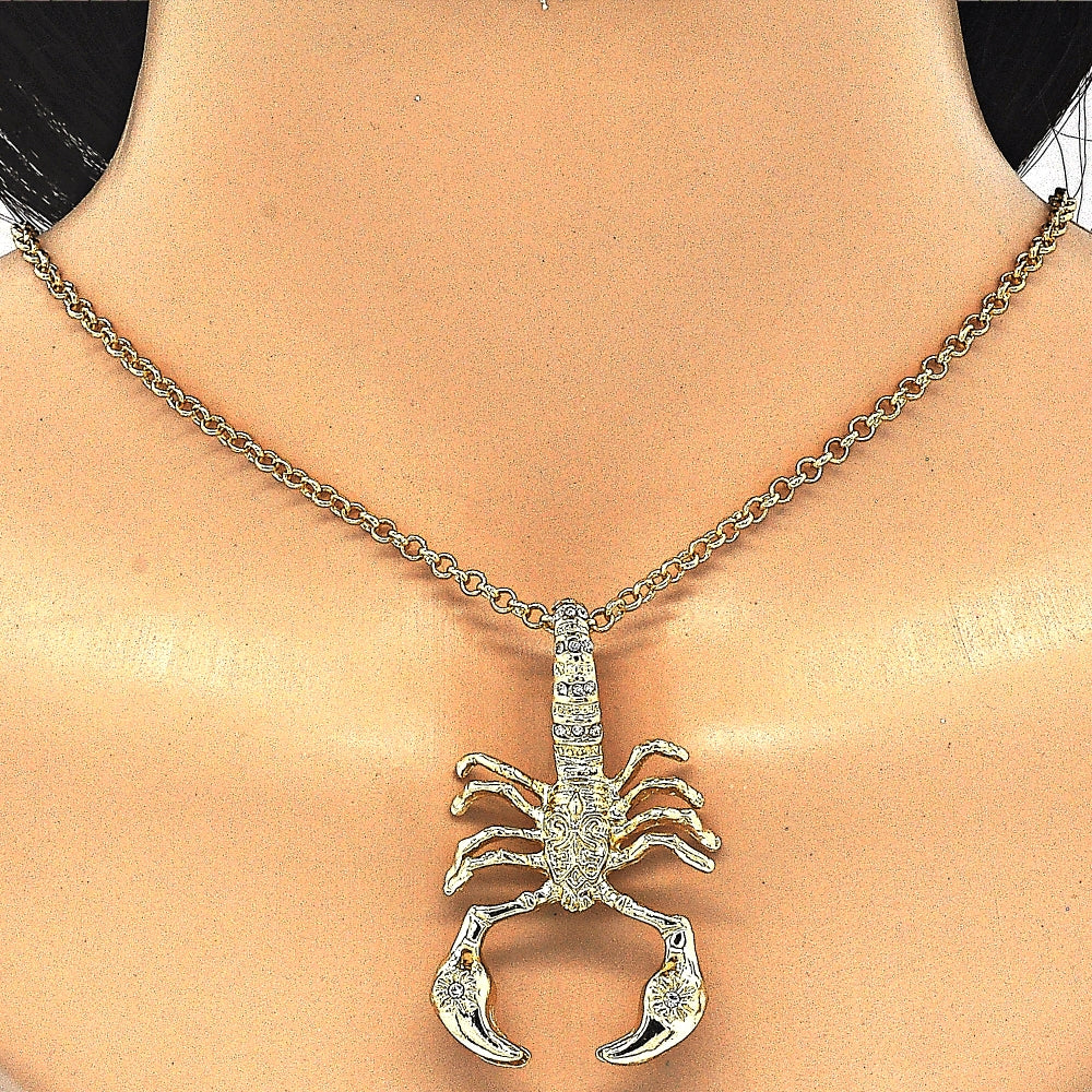 Oro Laminado Fancy Pendant, Gold Filled Style Scorpion Design, with White Crystal, Polished, Golden Finish