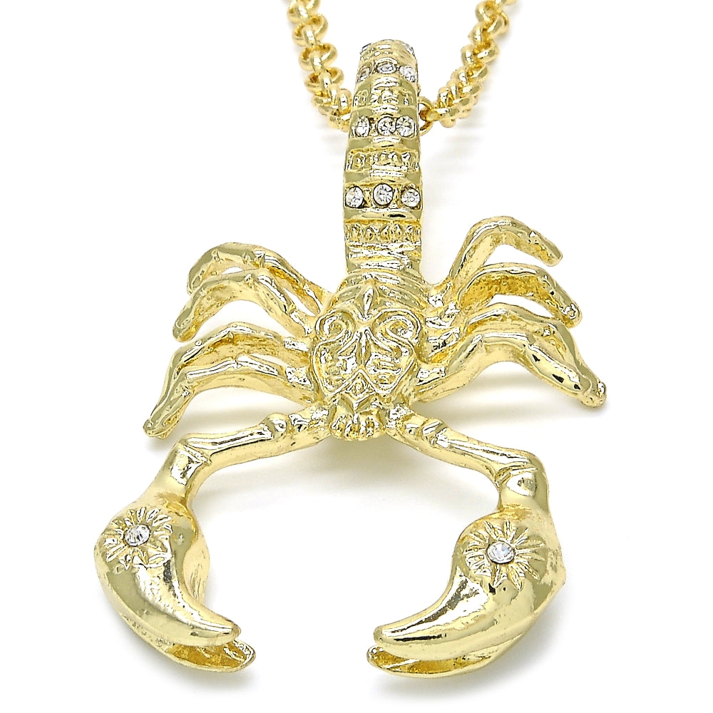 Oro Laminado Fancy Pendant, Gold Filled Style Scorpion Design, with White Crystal, Polished, Golden Finish